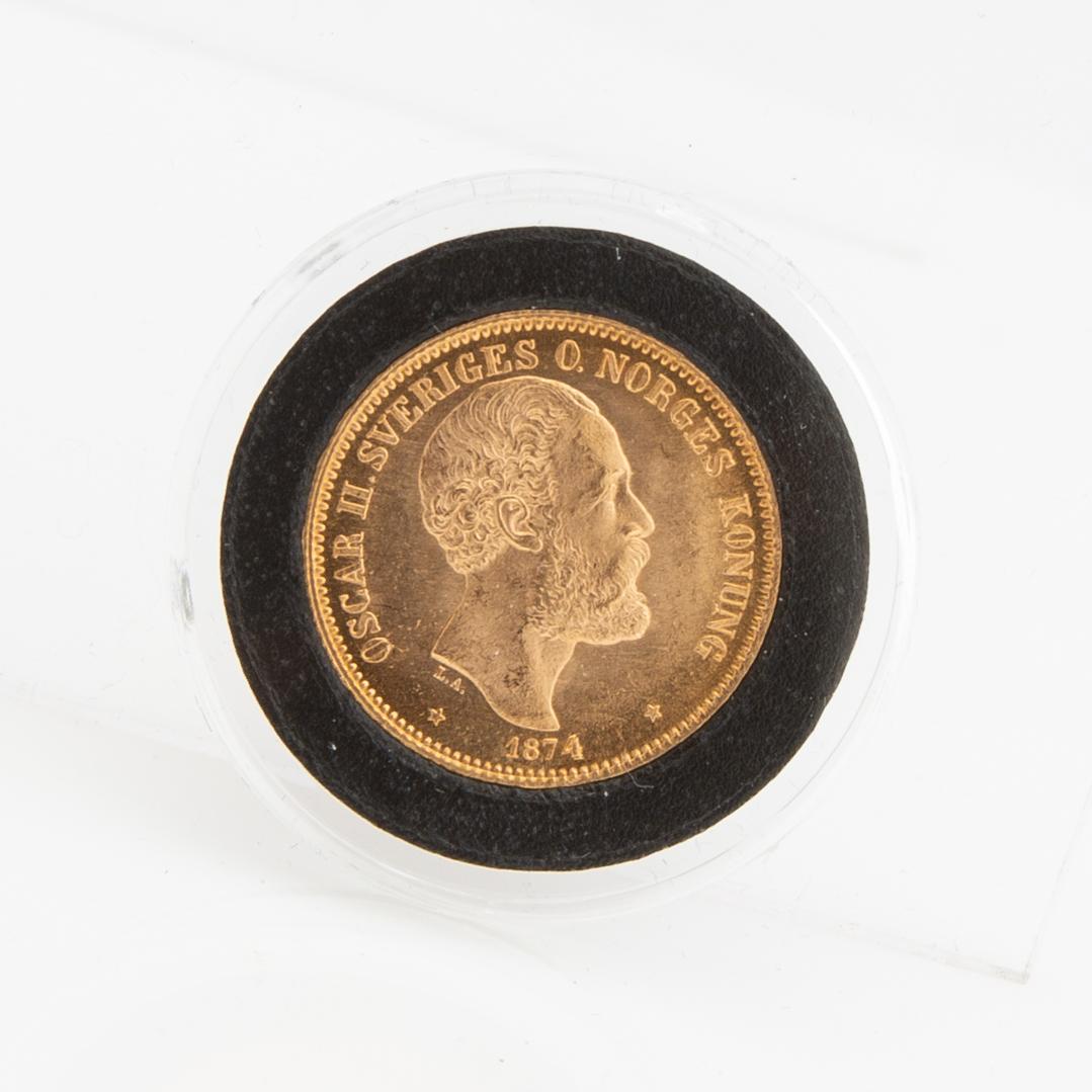 Guldmynt Sverige, Oscar II 20 kr, 1874, felpräglat.