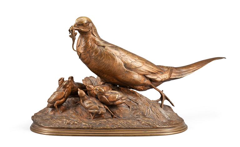 Auguste Cain, "Faisan et ses petits" (= A pheasant and her chicks).