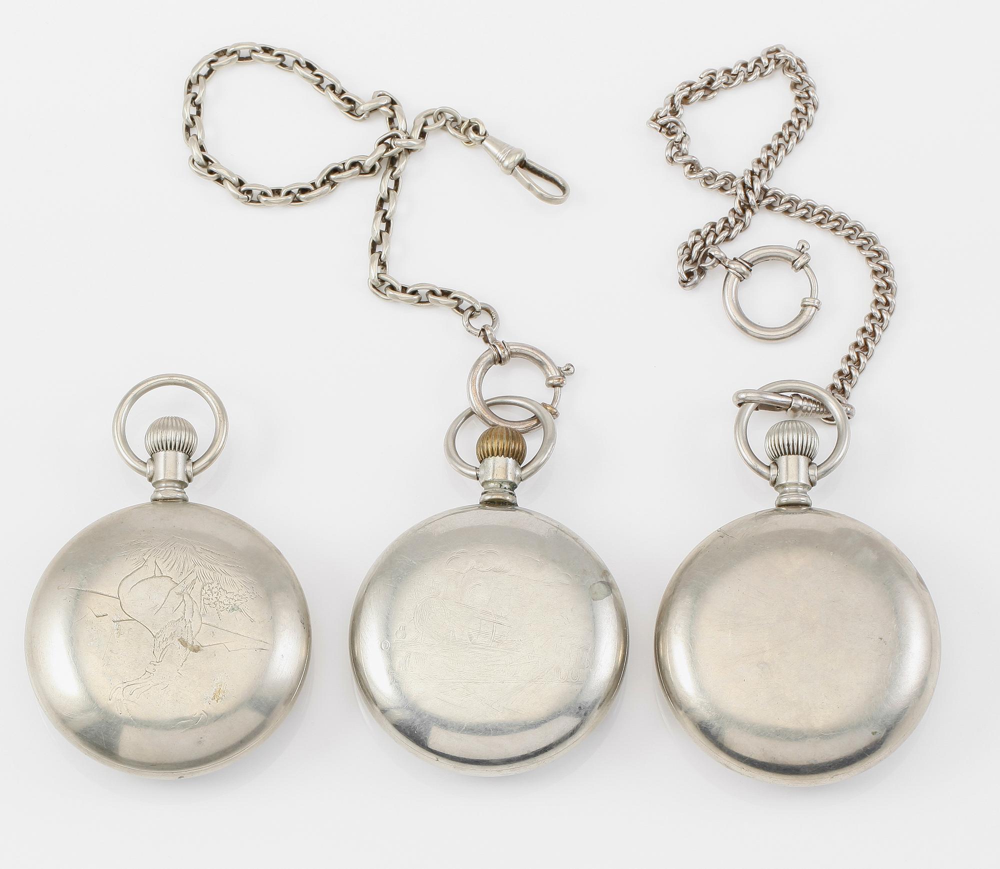 FICKUR, 3 st, nickel, Pan-America och Boston Watch Co, USA, 1900-talets första hälft.