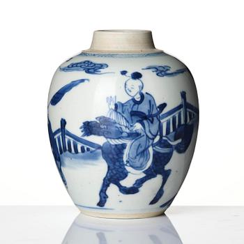 A blue and white 'boys at play' tea caddy, Qing dynasty, Kangxi (1662-1722).