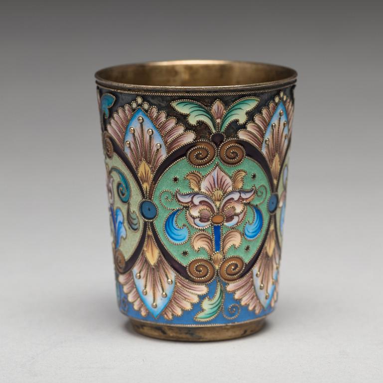 A Russian early 20th century silver-gilt and enamel beaker, mark of the 6th Artel, Moscow 1908-1917.