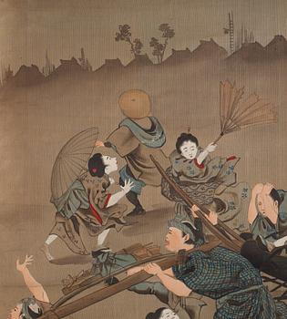 RULLMÅLNINGAR, sex stycken, tusch och färg på papper. Japan, Meiji (1868-1912).