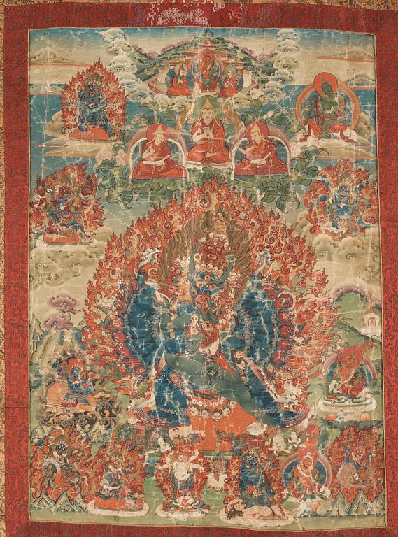 A Tibetan thangka of Vajrabhiarava with Tsongkhapa at the top, 19th Century.