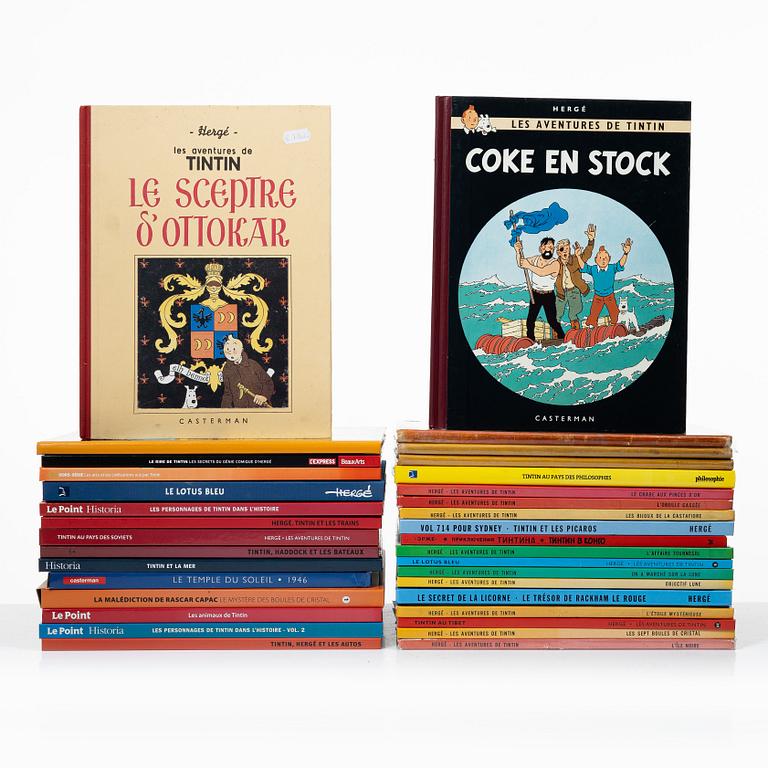Tintin albums, 34 pcs, French, various publication years, including L'ile Noire 1947.