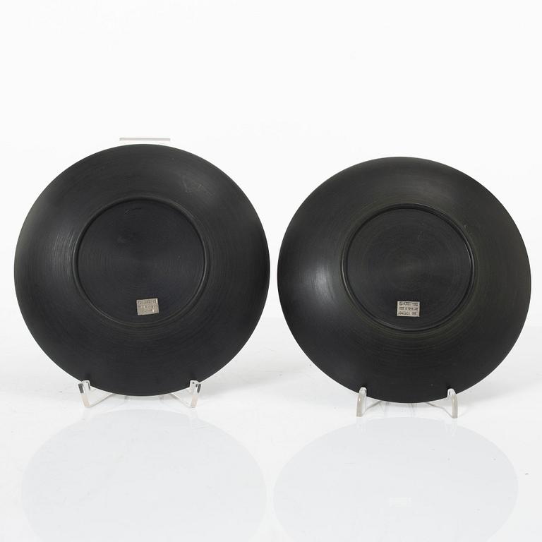 Five dishes, and one box with gaming chips, isolite with silver decor, Perstorp, Sweden, mid-20th century.