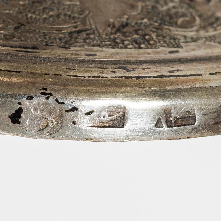 Cocktailglas, 6 st, samt bricka, silver, Iran, 1900-tal.