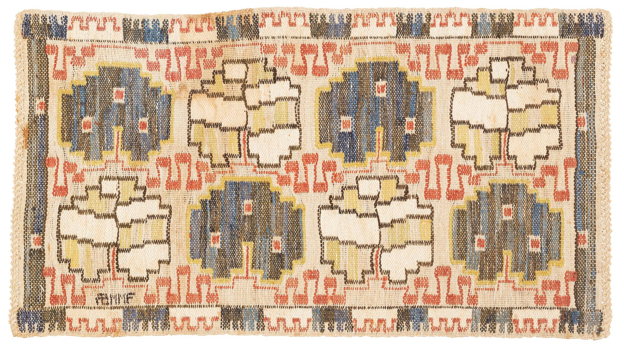 Märta Måås-Fjetterström, a textile, "Grodblad blå", flat weave, ca 76 x 41 cm, signed AB MMF.