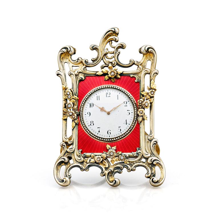 A Fabergé, Nobel family, jewelled, silver-gilt, guilloché enamel desk clock, workmaster Michael Perchin, St Petersburg.