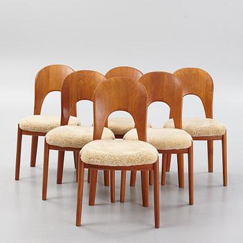 Niels Koefoed, six teak dining chairs upholstered in new sheep skin, Denmark, 1960's.