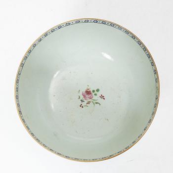 Two famille rose plates and a bowl, Qing dynasty, 18th century.