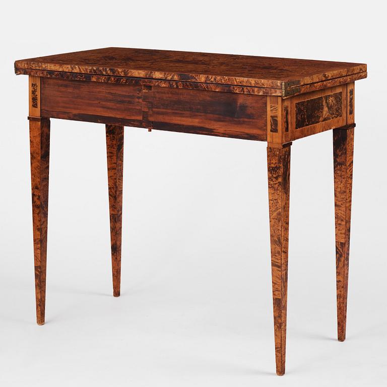 A late Gustavian burr-alder cards table, Mälardalen, late 18th century.