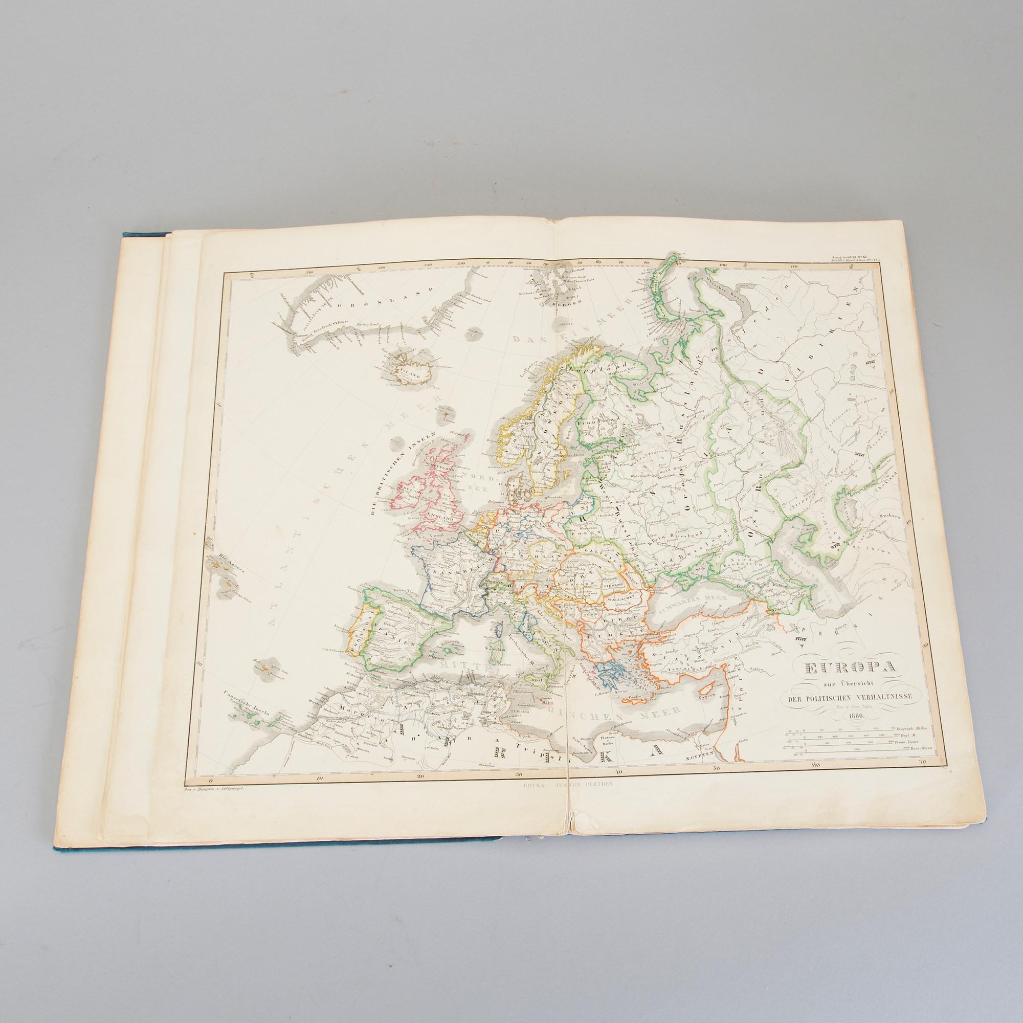 ATLAS, Stielers Handatlas (efter Adolf Stieler, 1775–1836). 95 kartor, tryckt 1860.