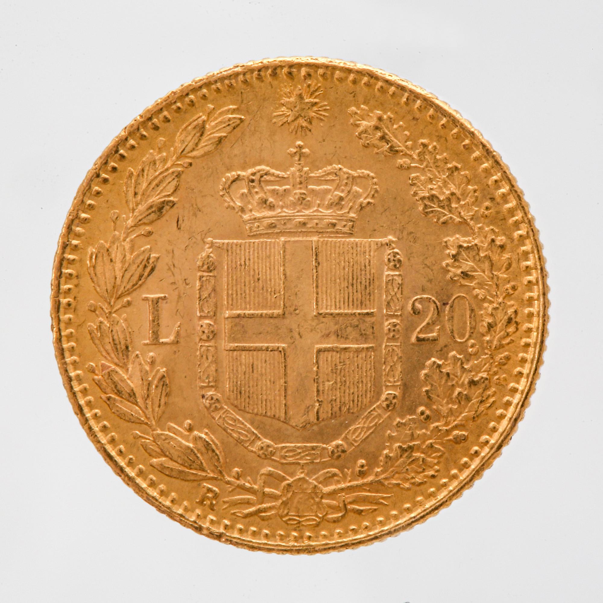 Coin, guld 21,6K (900), L 20 Italien 1882, vikt c 6,4 g.