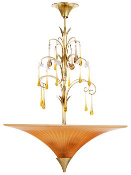600. A 'Swedish grace' brass and cut glass ceiling lamp, by Böhlmarks, Stockholm 1920's-30's.