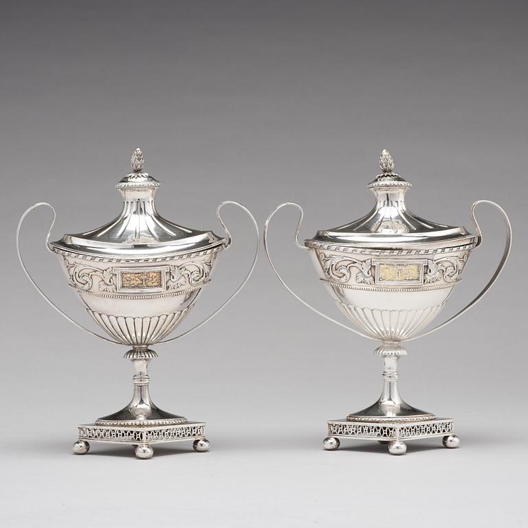 A pair of Swedish 18th century silver sugar-bowls and cover, mark of Pehr Zethelius, Stockholm 1799.