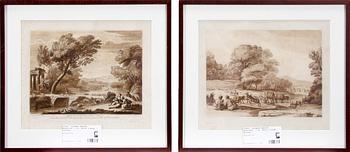RICHARD EARLOM, mezzotint, 2 st. Efter Claude Lorrain.