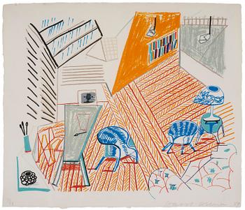 420. David Hockney, "Pembroke Studio with Blue Chairs and Lamp" from: "Moving Focus".