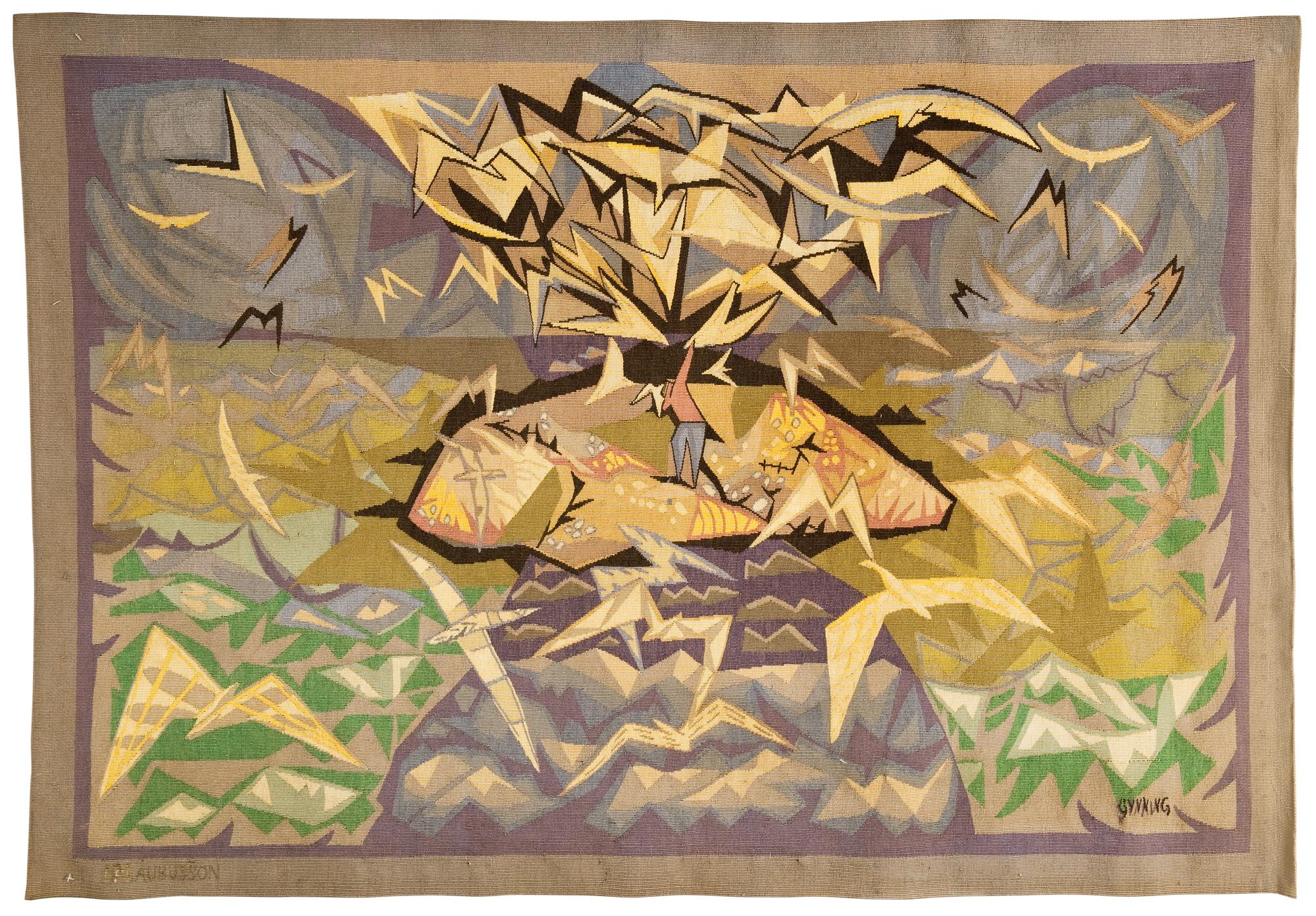 VÄVD TAPET. "Ile Gleenan", "Fågelön". 110 x 147,5 cm. Gobelängteknik. Signerad PF AUBUSSON GYNNING (Pinton Frères, Lars Gynning).