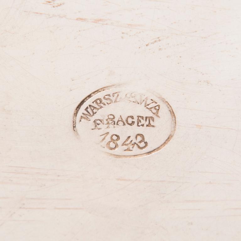PÖYTÄKORISTE, Fraget, hopeoitua metallia, sisältä kullattu, Varsova, Puola, 1843. Pohjassa leima Warszawa Fraget 1843.