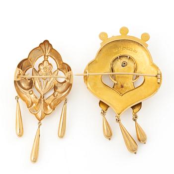 Two brooches, 18K gold with seed pearls.