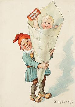 116. Jenny Nyström, "Tomte håller stor strut med en gosse i" (Brownie holding a large cornet with a boy).