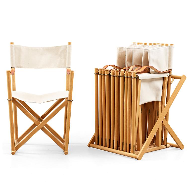 Mogens Koch, a set of six beech and canvas 'MK16' folding chairs, comes with a stand for storage, Rud Rasmussen, Denmark.