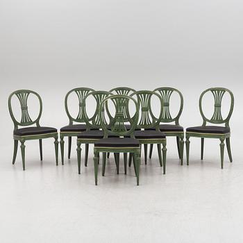 A Gustavian dining table with 8 chairs, Åmells, second half of the 20th century.