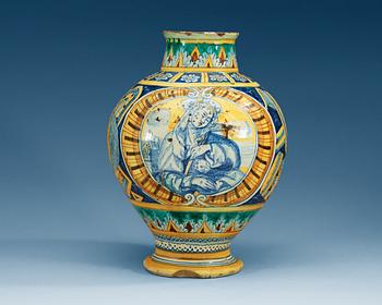 1319. An Italian majolica albarello, presumably Urbino, 17/18th Century, marked with the date 1628.