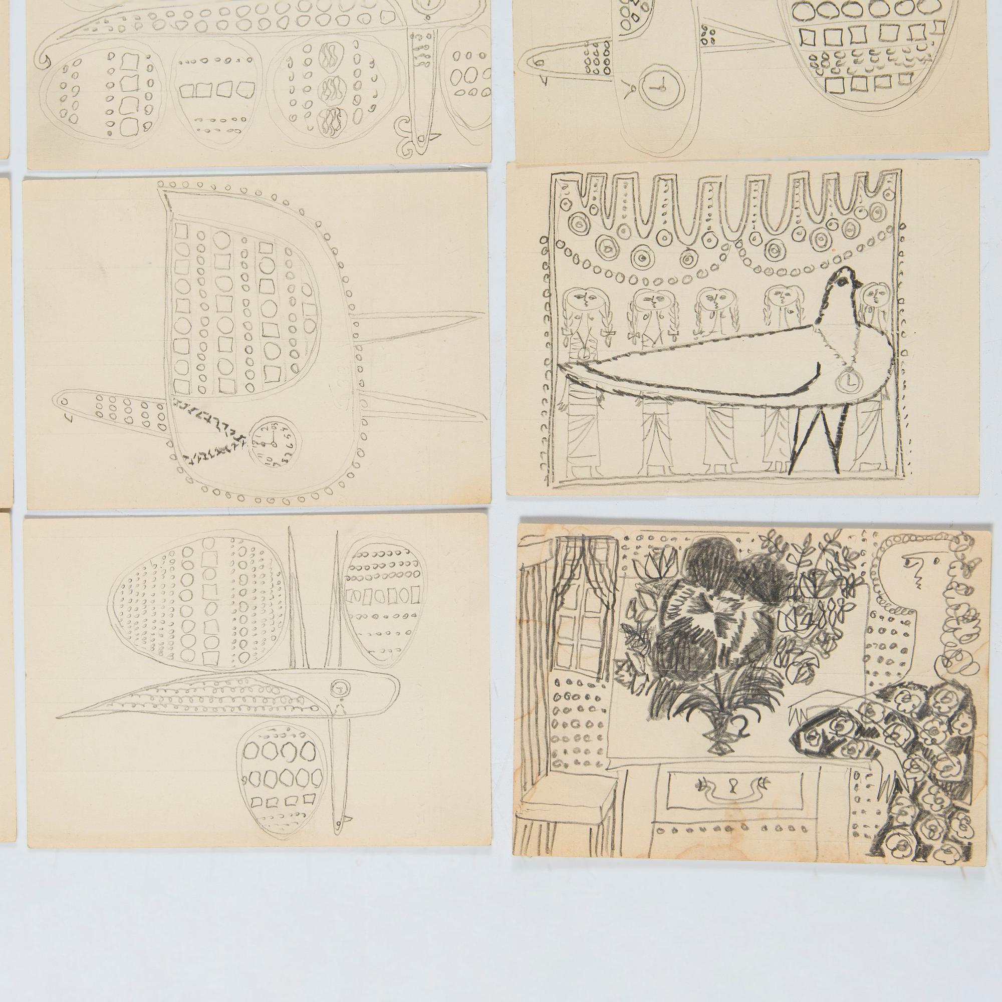 Birger Kaipiainen, samling originalskisser, 38 st, blyerts, på Rörstrands avlöningskontorets konteringskort, 1954 - 1958.