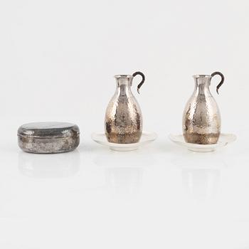 Two Japanese silver dishes, two small ewers and a box with cover, 20th Century.