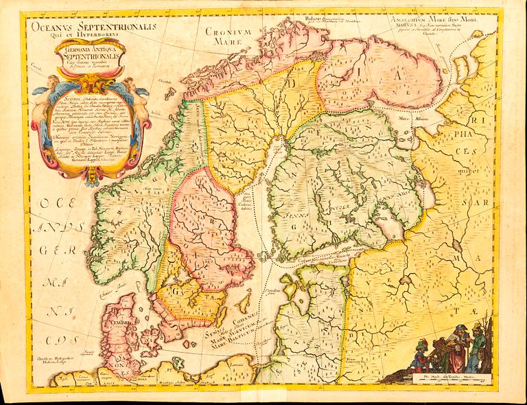 Caspar Dankwerth & J Meyer, map Scandinavia, handc colored copper engraving, Husum 1652.