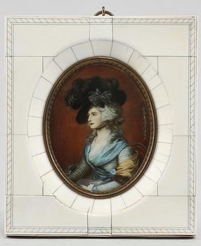 MINIATYR, bemålat tryck, efter Thomas Gainsborough, 1900-talets början.