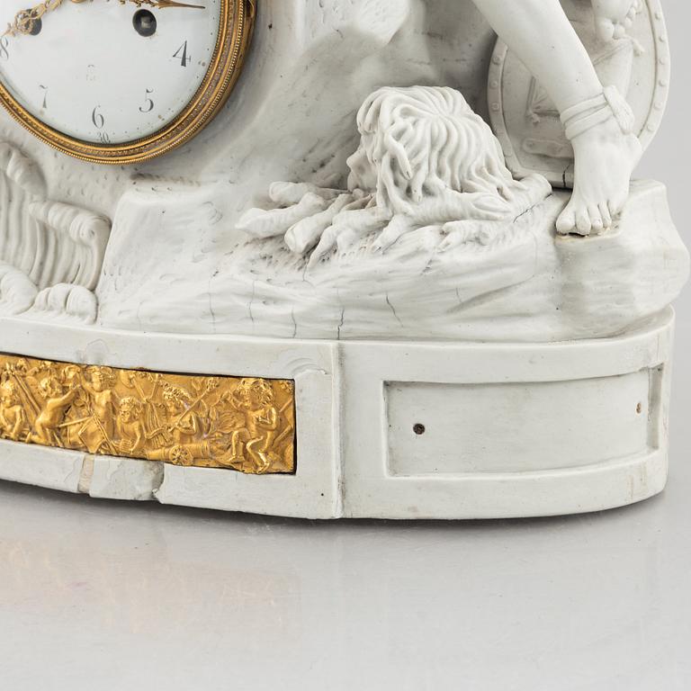 A French Louis XVI bisquit porcelain and ormolu-mounted figural mantel clock, late 18th century.