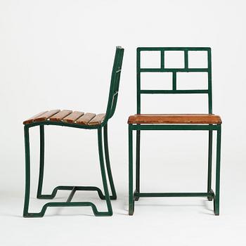 Carl Hörvik, a set of four iron framed garden chairs, ca 1927-1929, probably by Grythyttan Sweden for Lindgården, Stockholm.