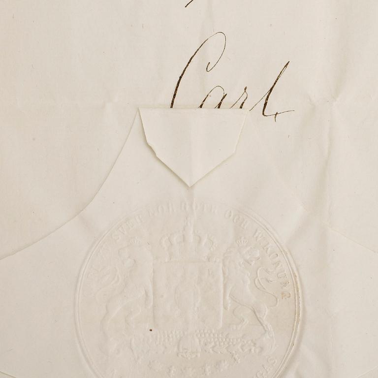 KARL XV SAMT OSCAR II, 2 dokument med egenhändiga namnteckningar, dat Stockholms slott 1864 resp Marstrand 1889.