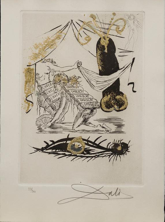SALVADOR DALÍ, mapp med 10 gravyer med förgyllning, "Les Amours Jaunes", signerade och numrerade 83/300.