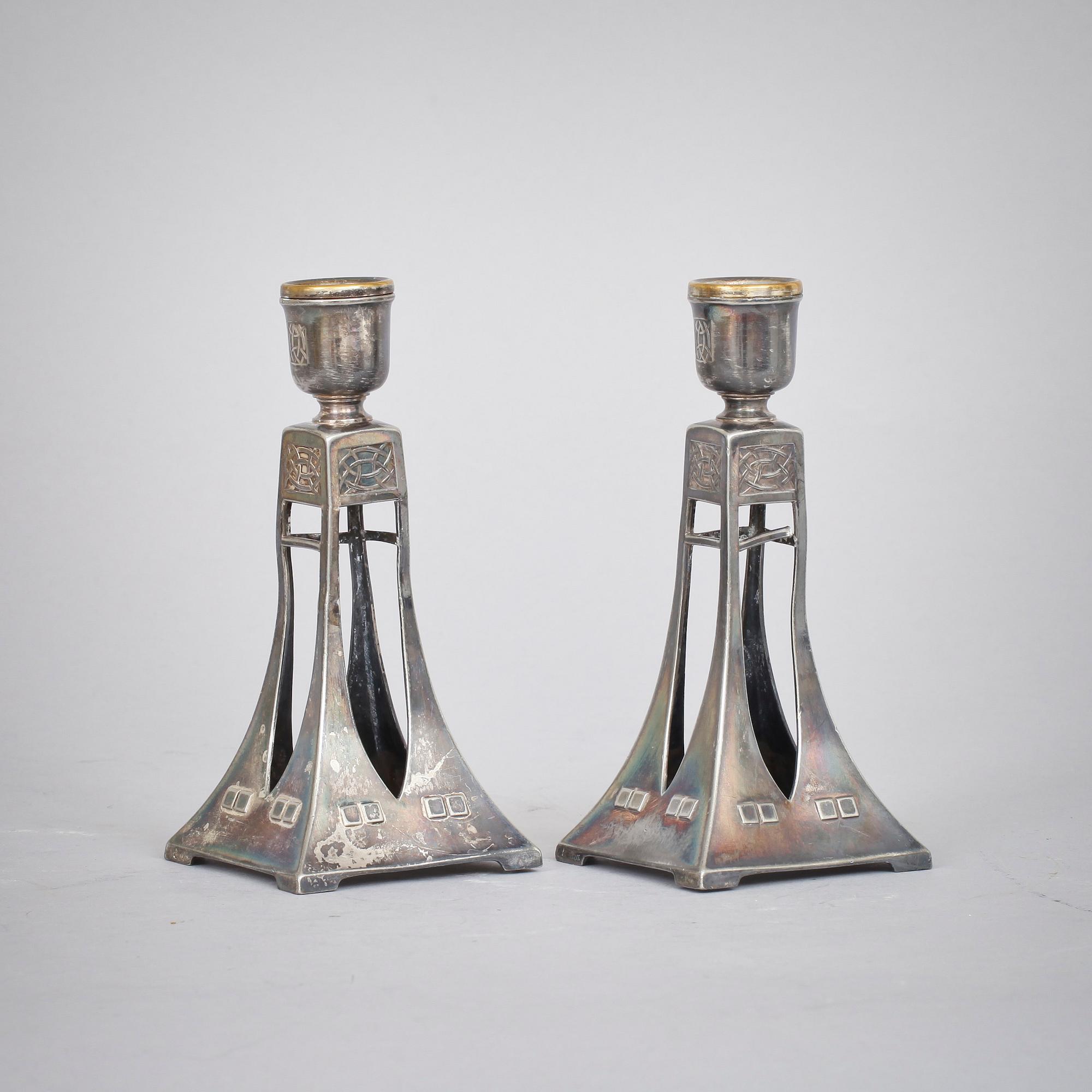 LJUSSTAKAR, ett par, vitmetall, WMF, jugend. 1900-talets början.