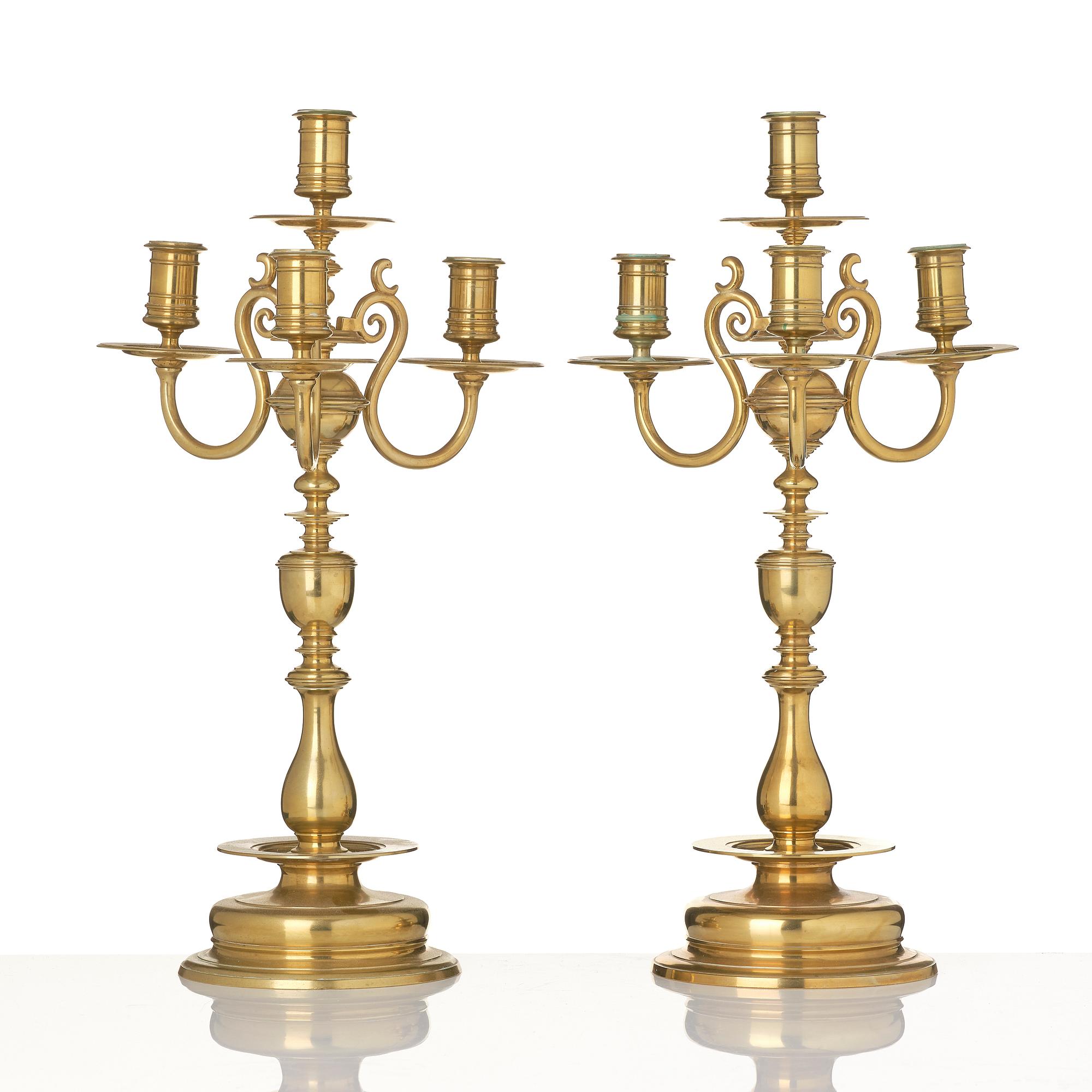 Candelabra, a pair of brass, Baroque style Gusums Bruk No 3, 20th century.