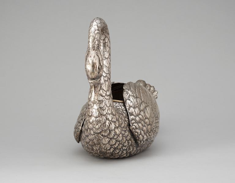 A German silver flower stand in the shape of a swan.