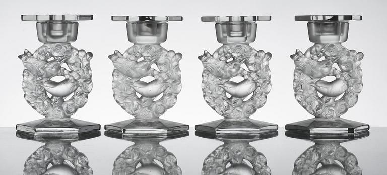LJUSSTAKAR, 4 st, glas, Lalique, Frankrike, 1900-tal. Sign.
