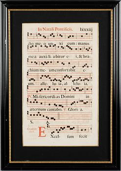 GRAVYRER, 2 st, noter/missaleblad, antika.