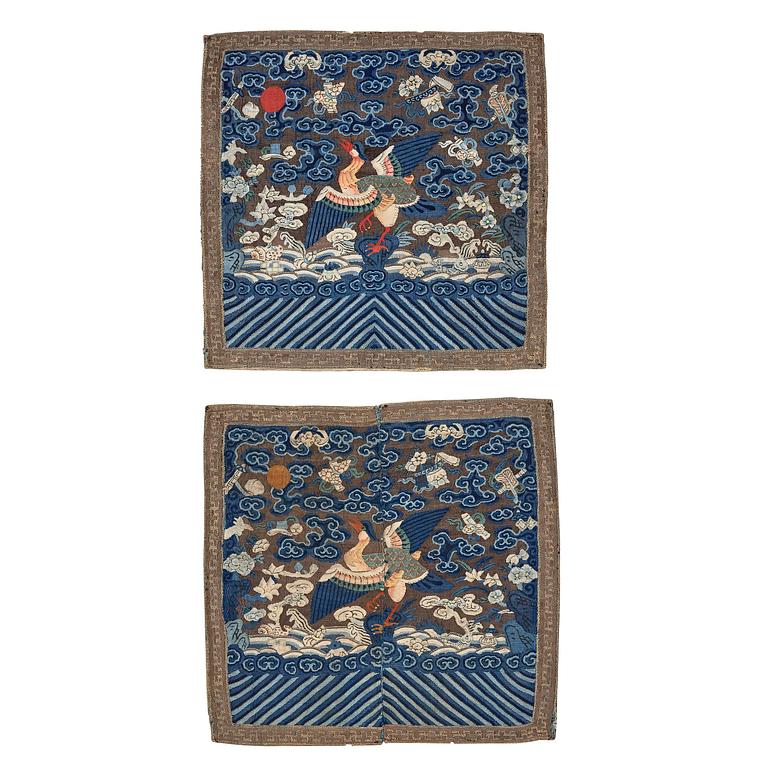 A pair of rank kesi civil official's rank badges with mandarin ducks, Qing dynasty, 19th Century.