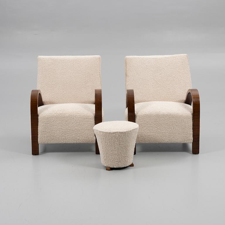 Armchairs, a pair, with footstool, Art Deco, first half of the 20th century.