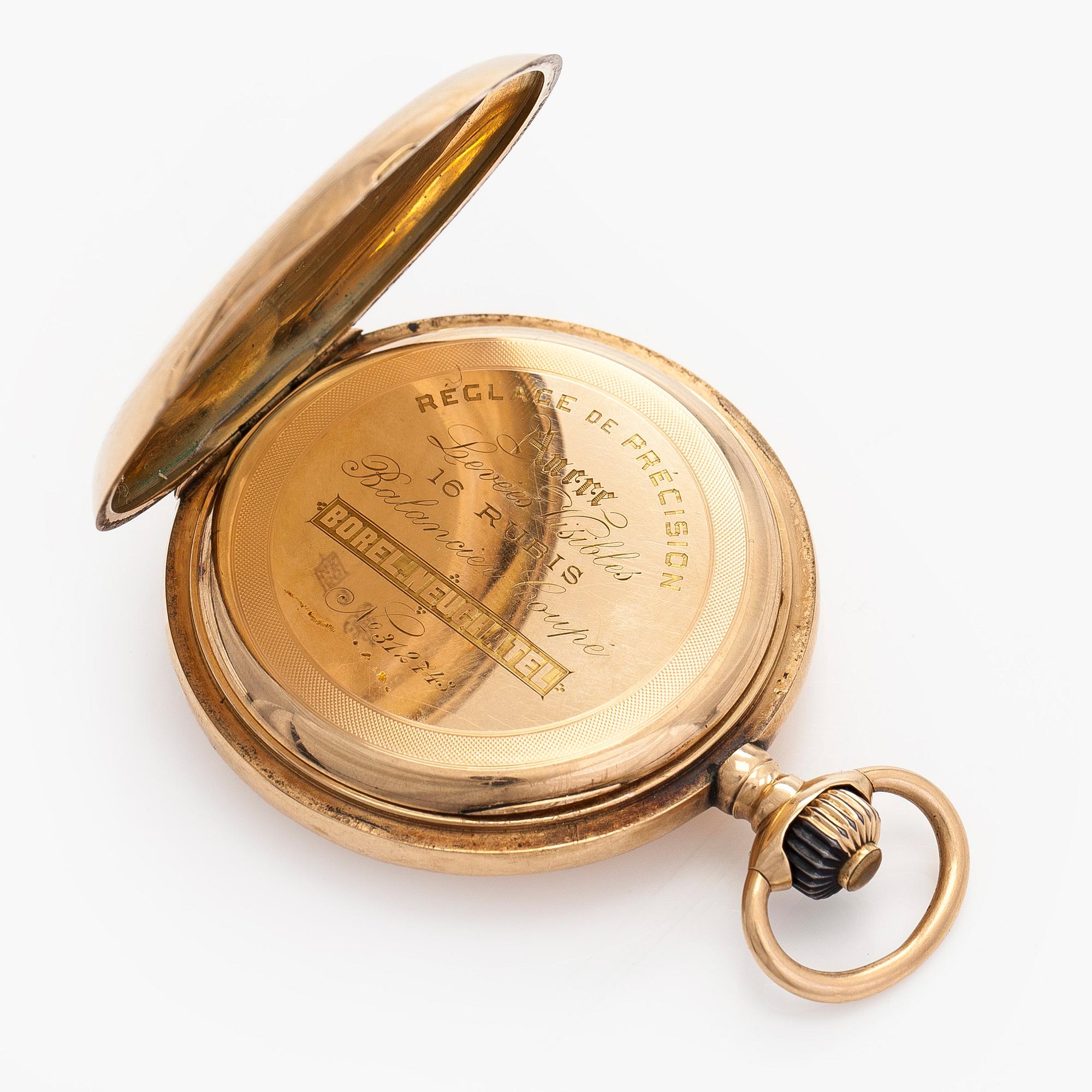 Pocket watch, Borel Neuchatel, 53 mm, 14K gold, lever escapement, plastic crystal.