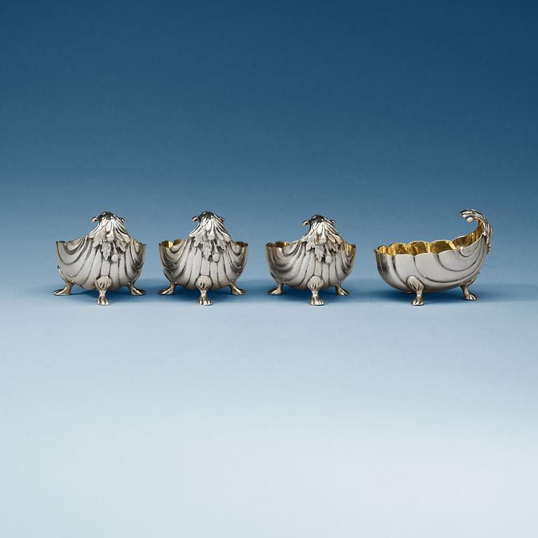 A set of four Swedish 18th century parcel-gild salts, makers mark of Petter Lund (Stockholm 1749-1786) befor 1764.