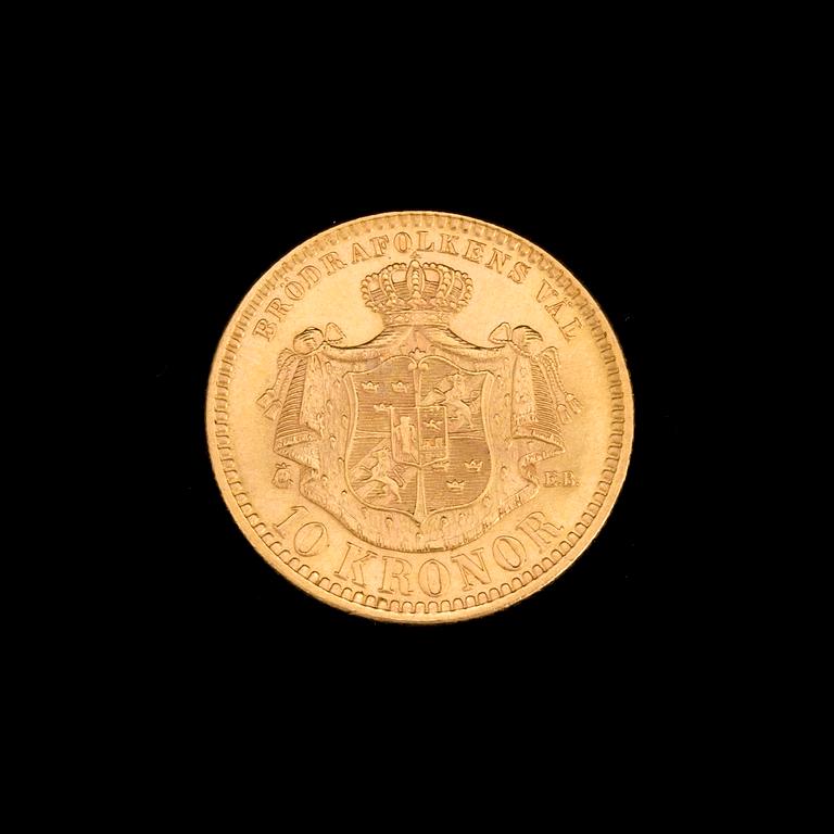 A 10 Kronor gold coin, 1901, weight ca 5 g.