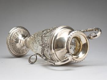 A Russian 20th century silver and glass amphora, marks of Ivan Chlebnikov, Moscow 1908-1917.