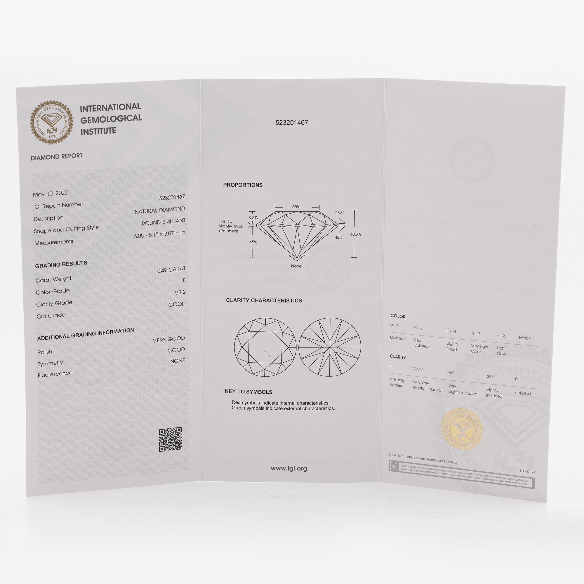Ring 18K white gold set with a brilliant-cut diamond, accompanied by an IGI report.
