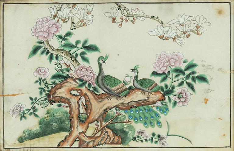 Oidentifierad konstnär, Påfåglar i blommande trädgård, gustaviansk ram, 1700-tal.