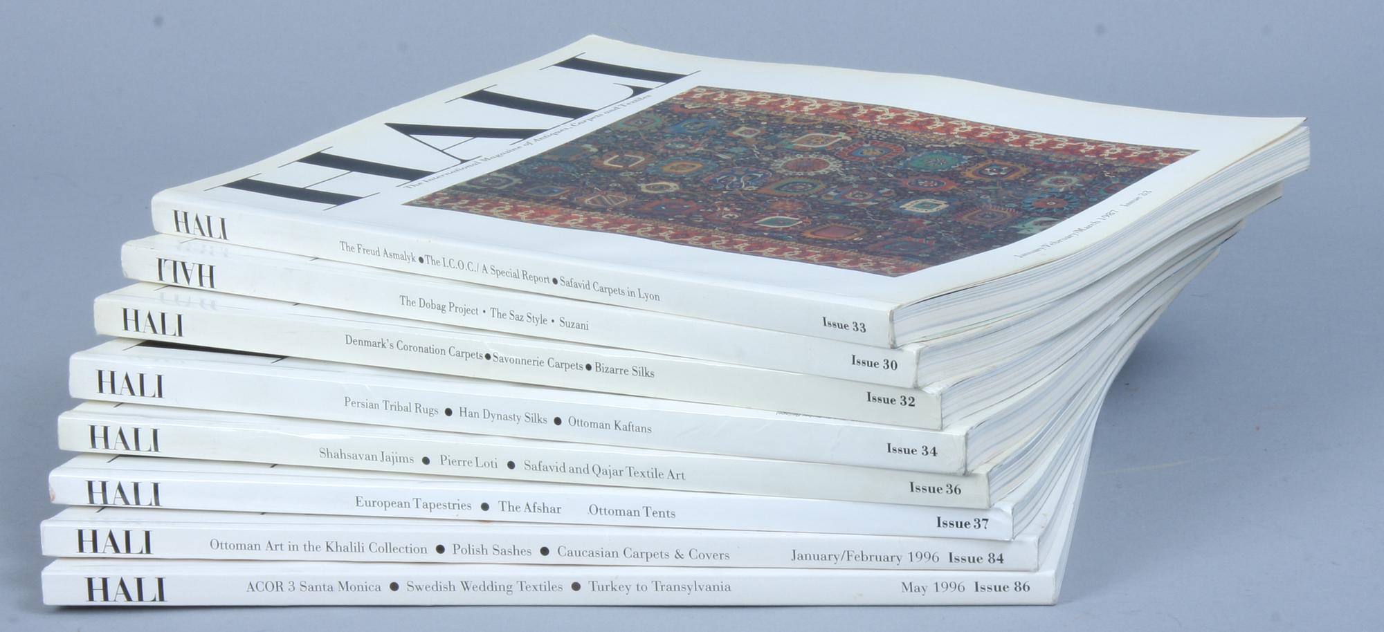 KATALOGER, 8 st, " HALI The International magazine of Fine Carpets and Textiles".